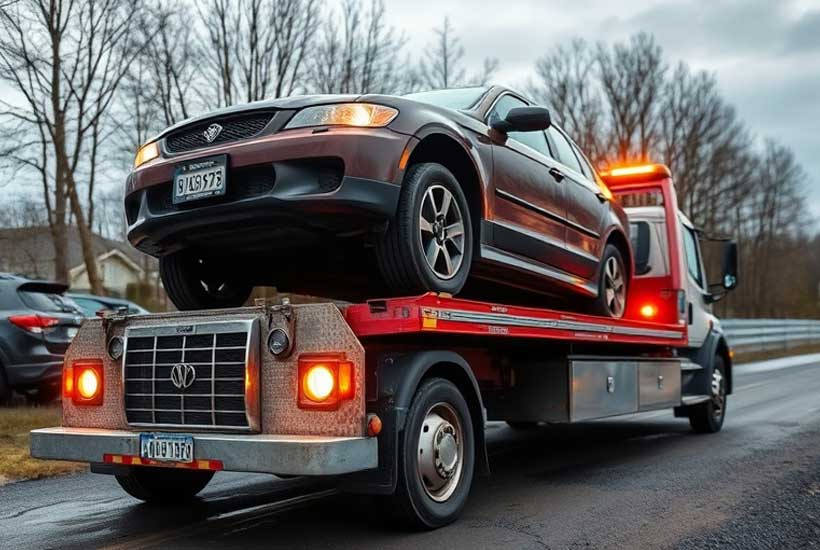 A towing truck is towing a scrap car